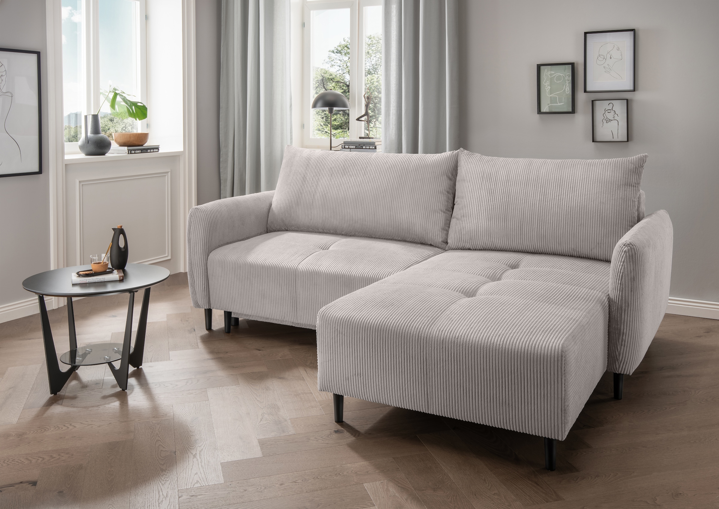 INOSIGN Ecksofa »Mara, L-Form, aktueller Cord Bezug und tolle Farben, schmale Armlehnen« whlw. mit Bettfunktion,Recamiere links/rechts montierbar, Breite 238cm