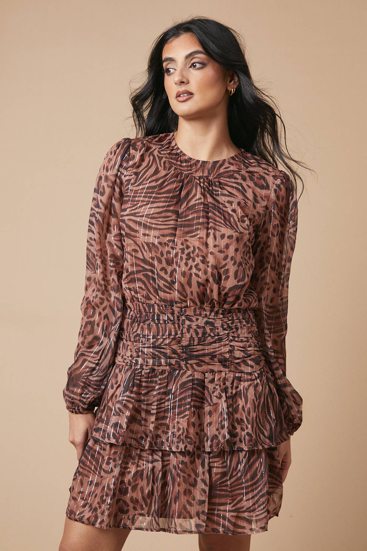 Oasis Robe Mini en Mousseline à Motif Animal Froncée et Plissée