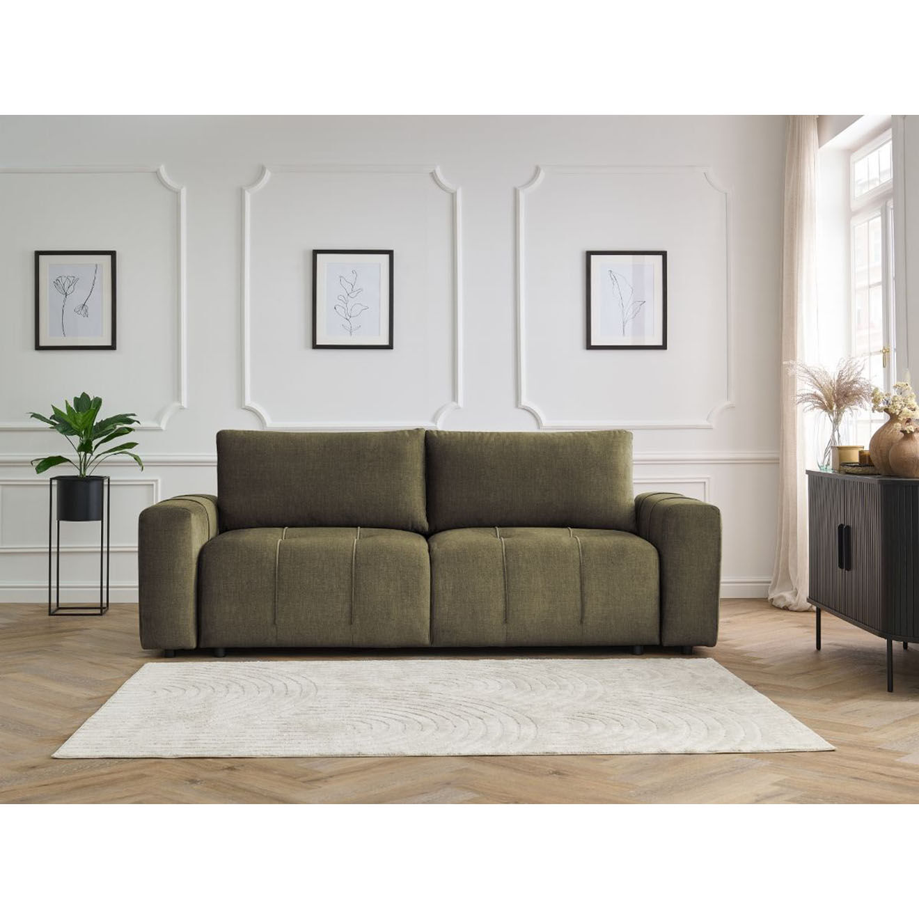 Bobochic Canapé droit convertible en Velours 3 places Arsène avec coffre vert - 248x105x90 cm