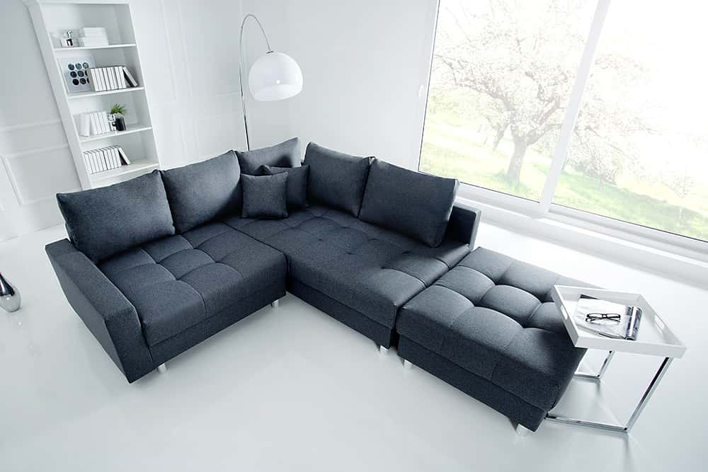 Moderne Wohnlandschaft KENT 220cm anthrazit Ecksofa Federkern inkl. Hocker und Kissen