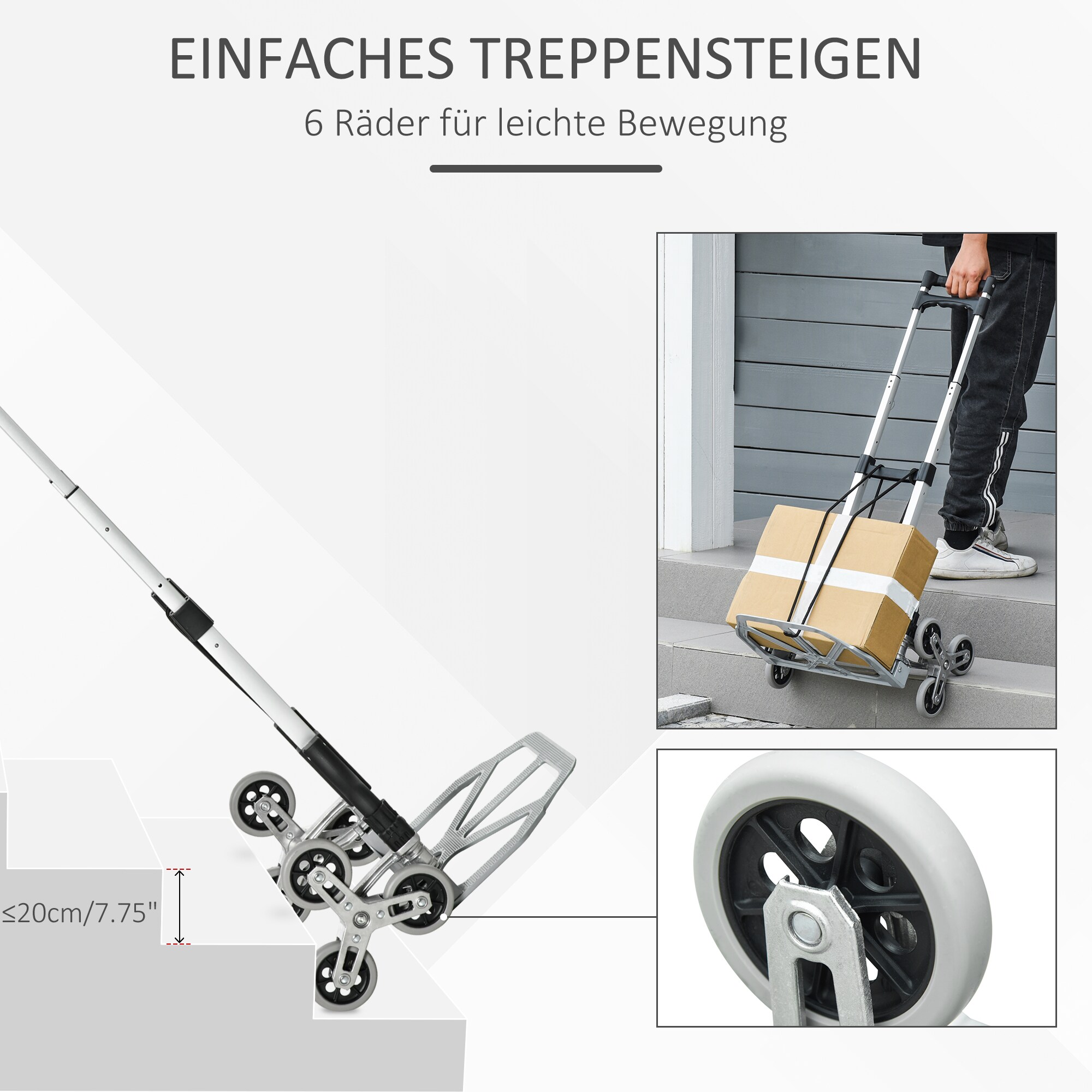 DURHAND Sackkarre mit 6-Rollen für Treppen silber, schwarz 47L x 47B x 100H cm