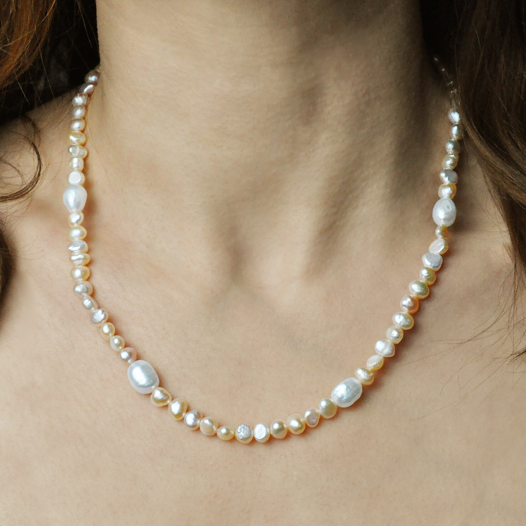 Steuer Modeschmuck Kette Süßwasserperlkette weiß/pfirsich/goldfarben