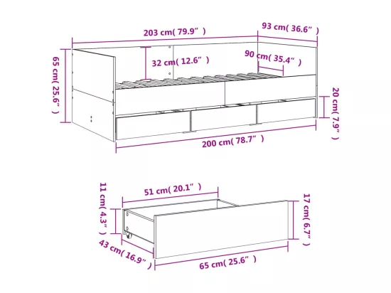 Lit de jour avec tiroirs sans matelas blanc 90x200 cm