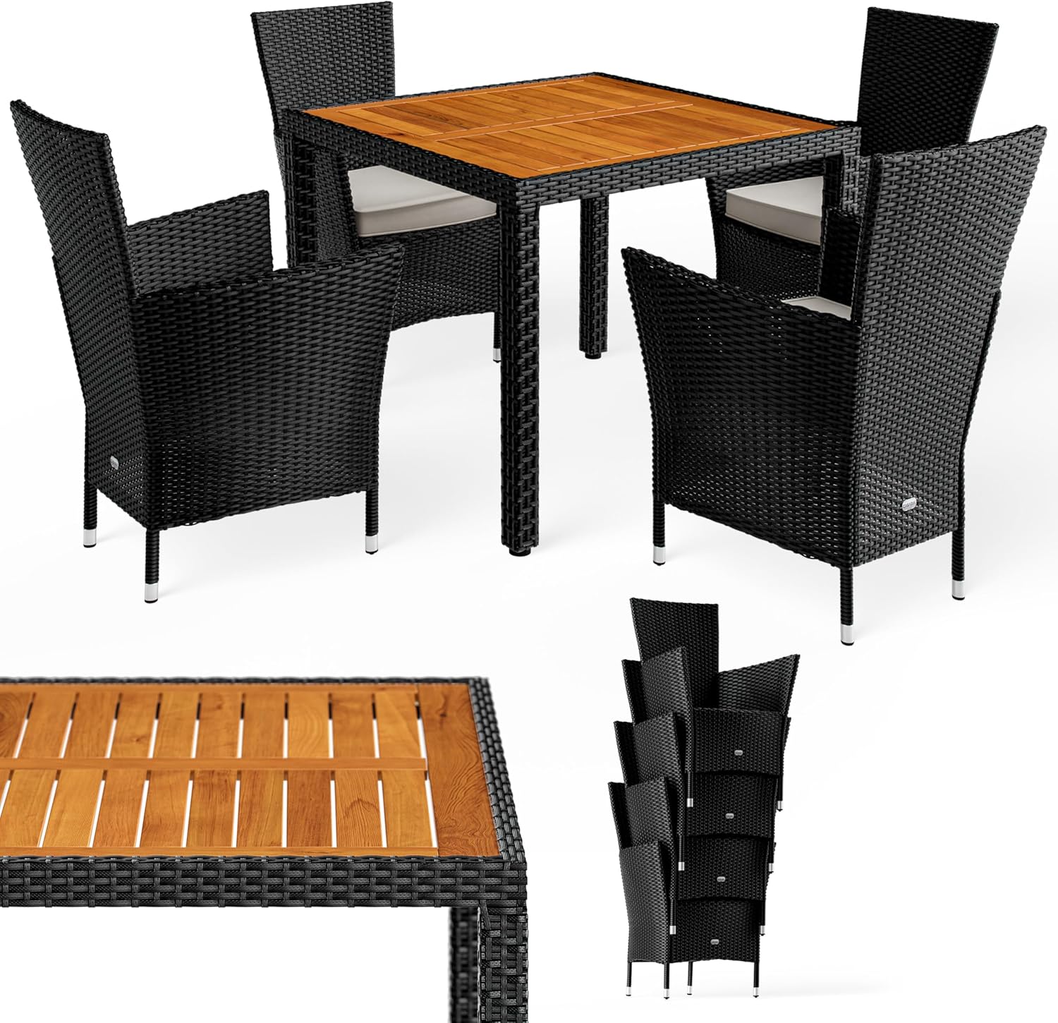 Casaria® Gartenmöbel Set Holz Balkon Wetterfest 4 Personen Polyrattan Akazie Outdoor 7cm Auflagen Stapelbar Gartenstühle Gartentisch Garten Terrasse Möbel