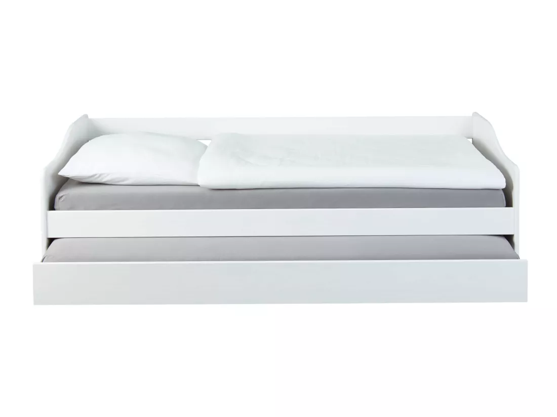 Lit gigogne en bois massif blanc avec sommier à lattes intégré 90x200 - LT12120