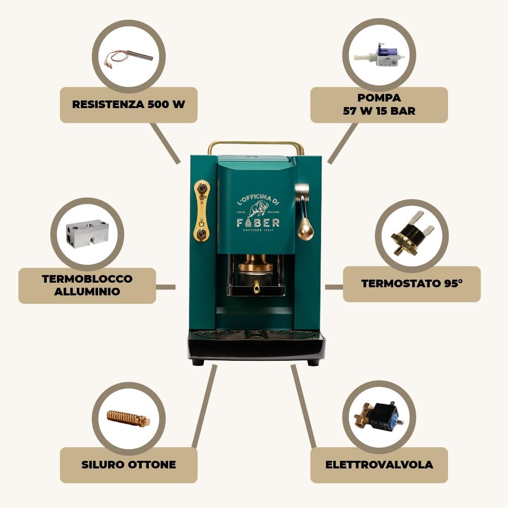 FABER COFFEE MACHINES | Modèle Pro Total Inox Deluxe | Machine à café à dosettes ese 44mm | Pressacialda en laiton réglable | électrovanne de série (laiton)