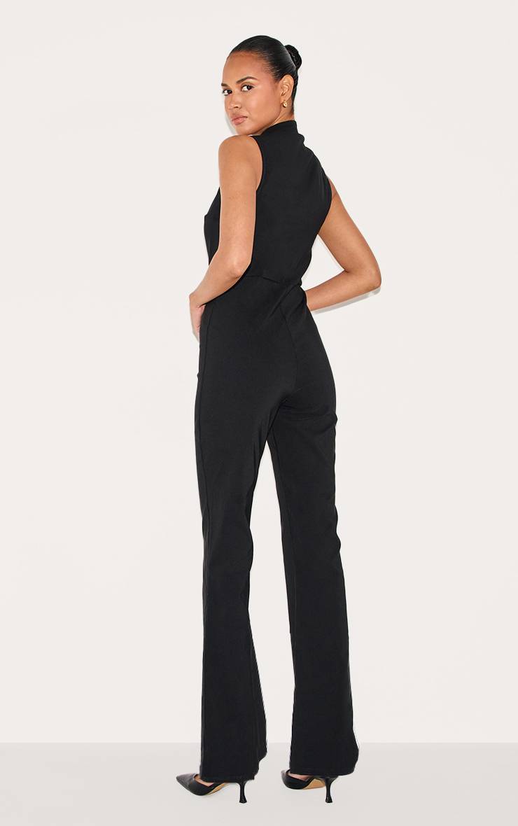 Noir Combinaison-pantalon À Col En Tissu Stretch Avec Finitions Dorées Et Jambes Droites