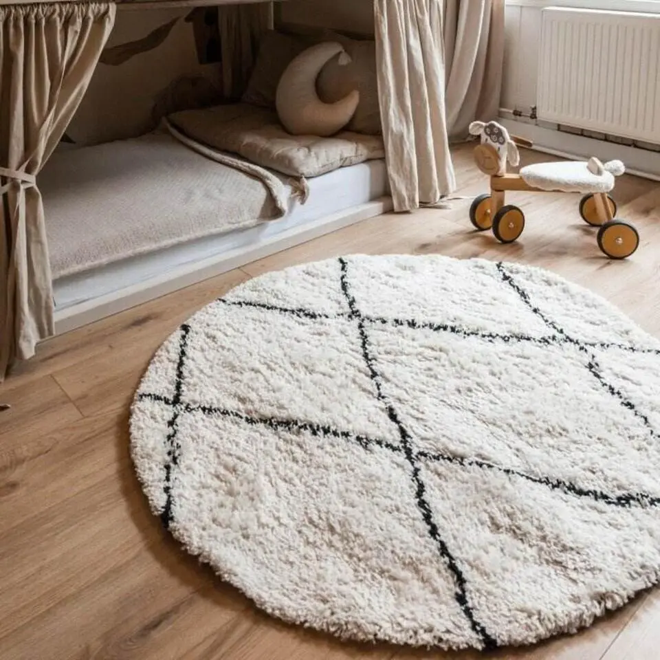 Interieur05 rond berber vloerkleed Nea wit/zwart - 160 x 160 cm