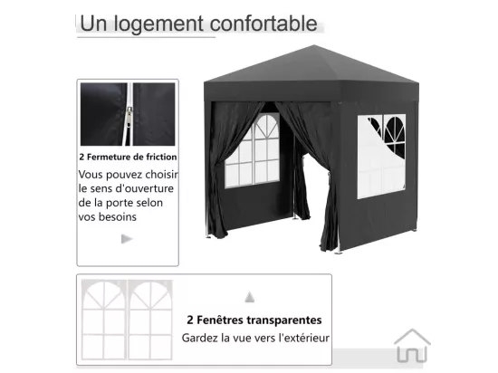 Tonnelle Pliable 4 m² - 2 fenêtres 4 Côtés - Acier et tissu Oxford - 2 portes avec fermeture éclair