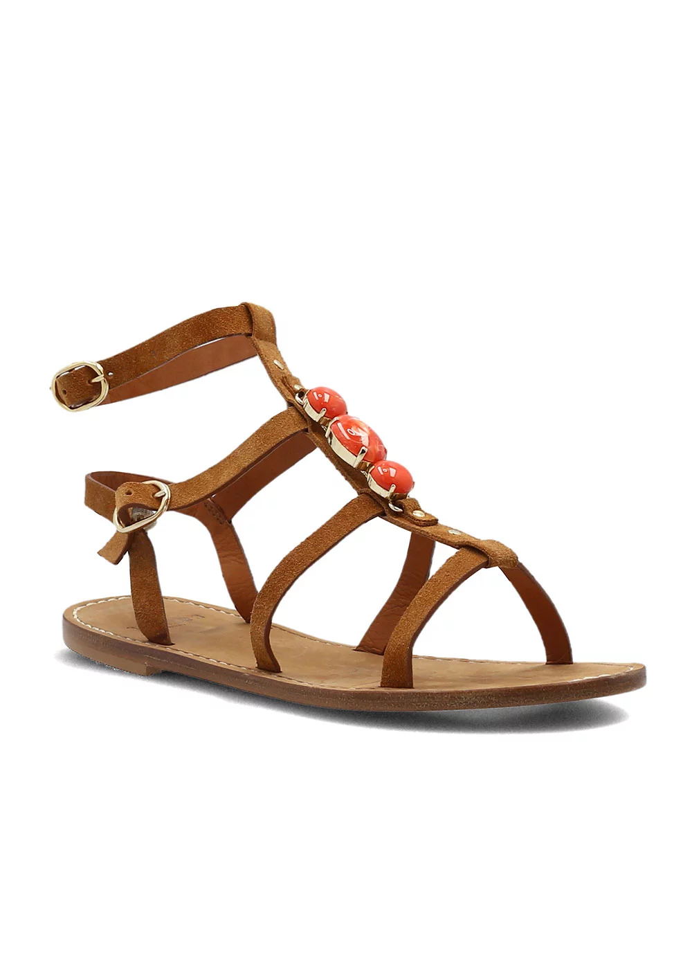 SPARTIATE ORELIE VELOURS CAMEL ET BIJOUX CORAIL