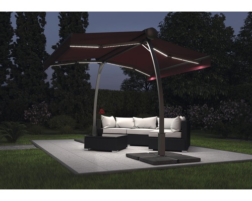 Vrijstaande zonnescherm Biella 3.95x3, effen bordeaux doek, frame RAL 7022 umbragrijs, inclusief motor en LED-verlichting