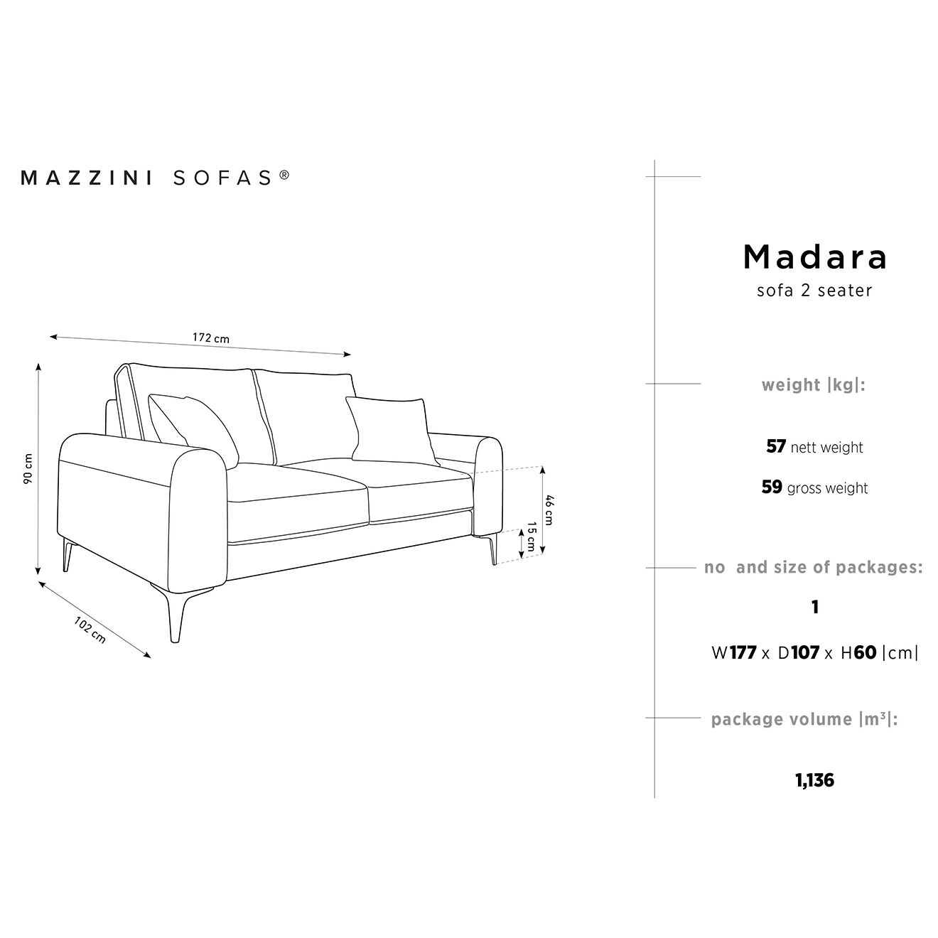 Mazzini Sofas Canapé 2 places velours madara beige - 172x102x90 cm
