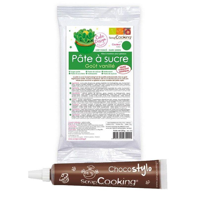 Pâte à sucre verte arôme vanille 250 g + Stylo chocolat Scrapcooking