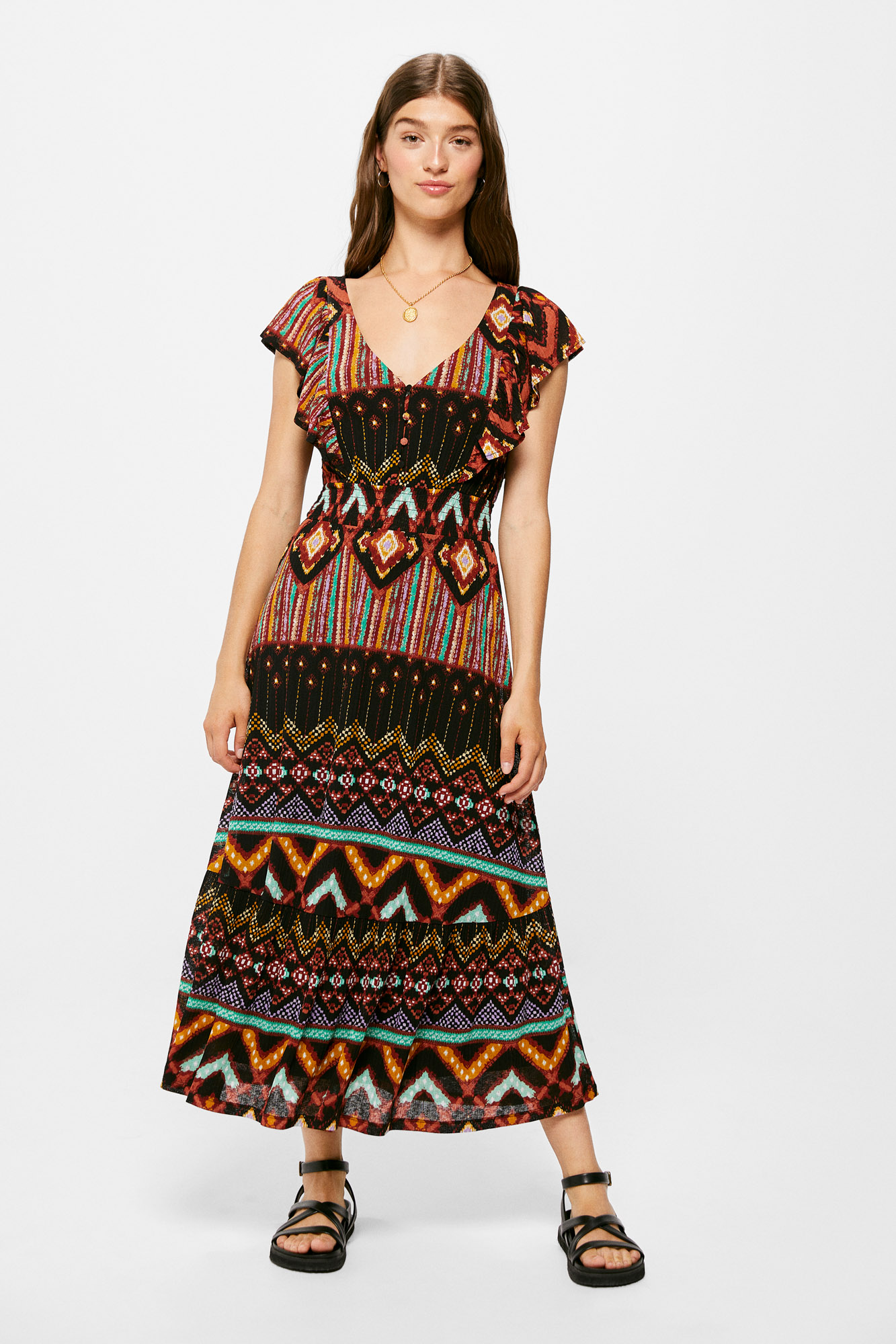 Vestido midi com estampa étnica