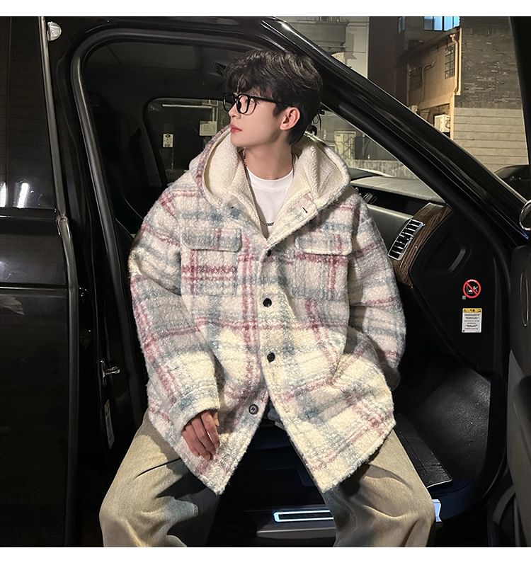 KimKlose - Oversized jas met capuchon en geruite knoopsluiting en verlaagde schouders