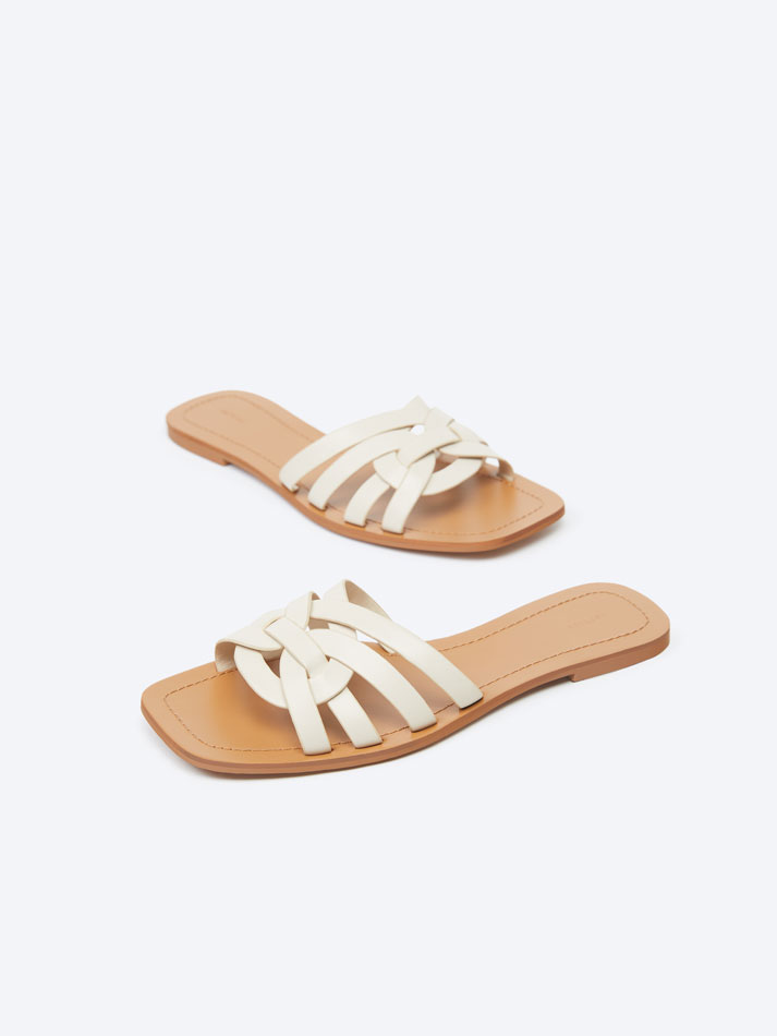 Sandália rasteira de tiras - Branco-creme