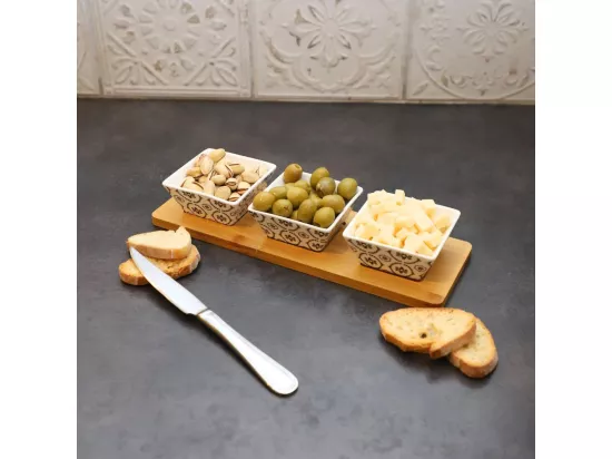 ~ Set apéritif tapas 3 verrines en bambou et céramique blanc et marron 36.5 x 10 cm
