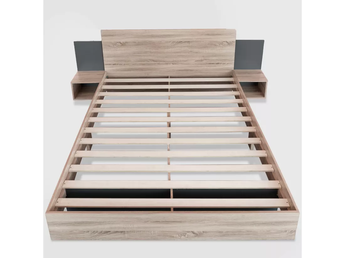 Ensemble lit avec chevets 160 x 200 cm + Sommier - bois massif - Coloris : Naturel et anthracite