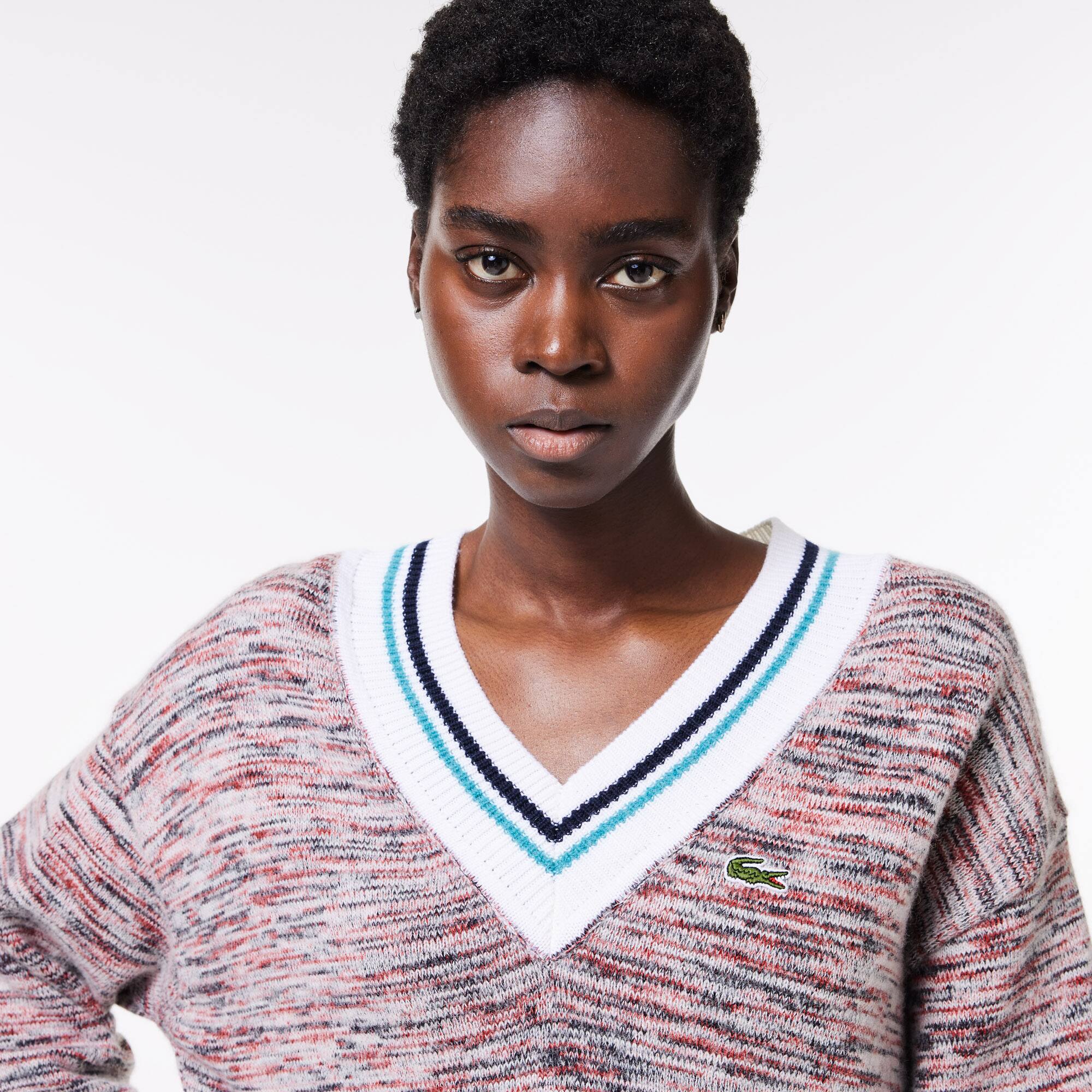 Pull à col V contrasté rayé en alpaga Pullovers - Blanc - Lacoste - Femme