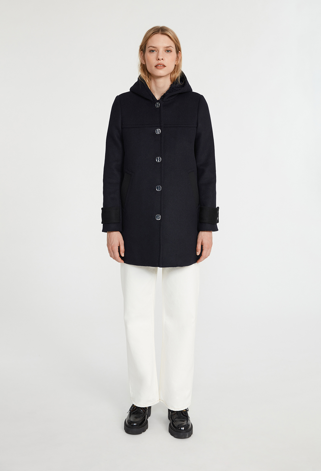 Manteau marine capuche laine melangee