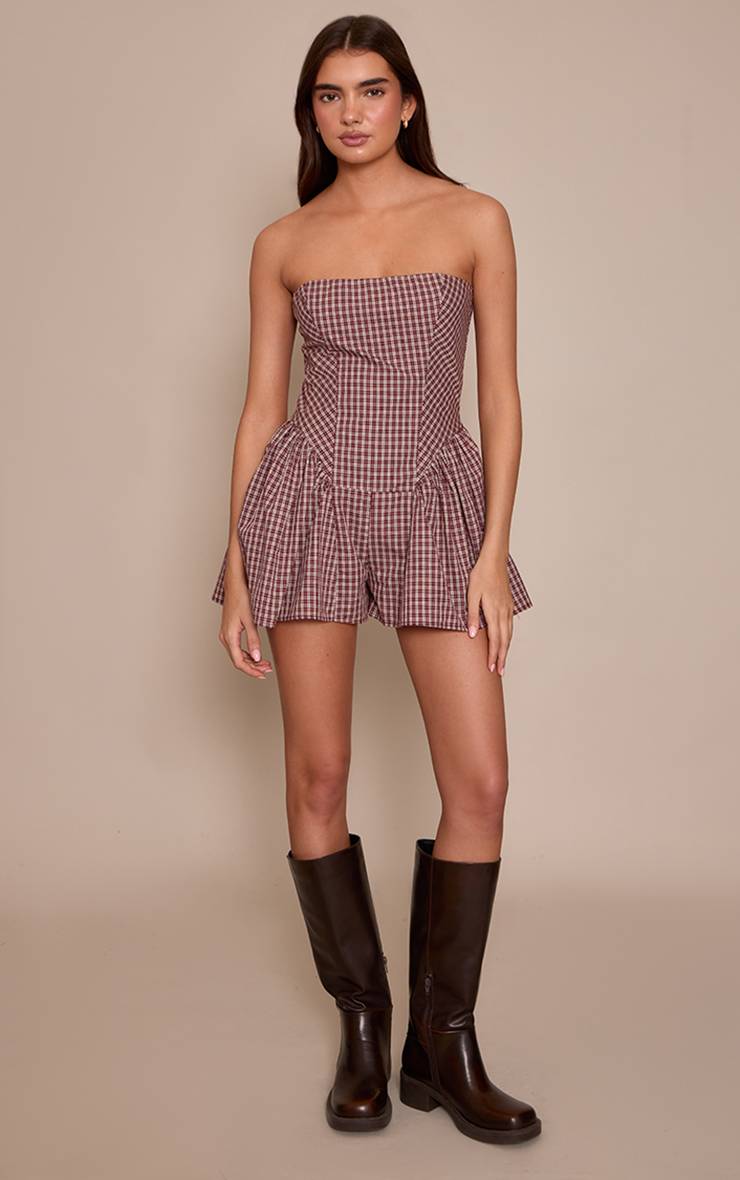 Rouge Bordeaux Combi-short Bandeau Tissé À Carreaux