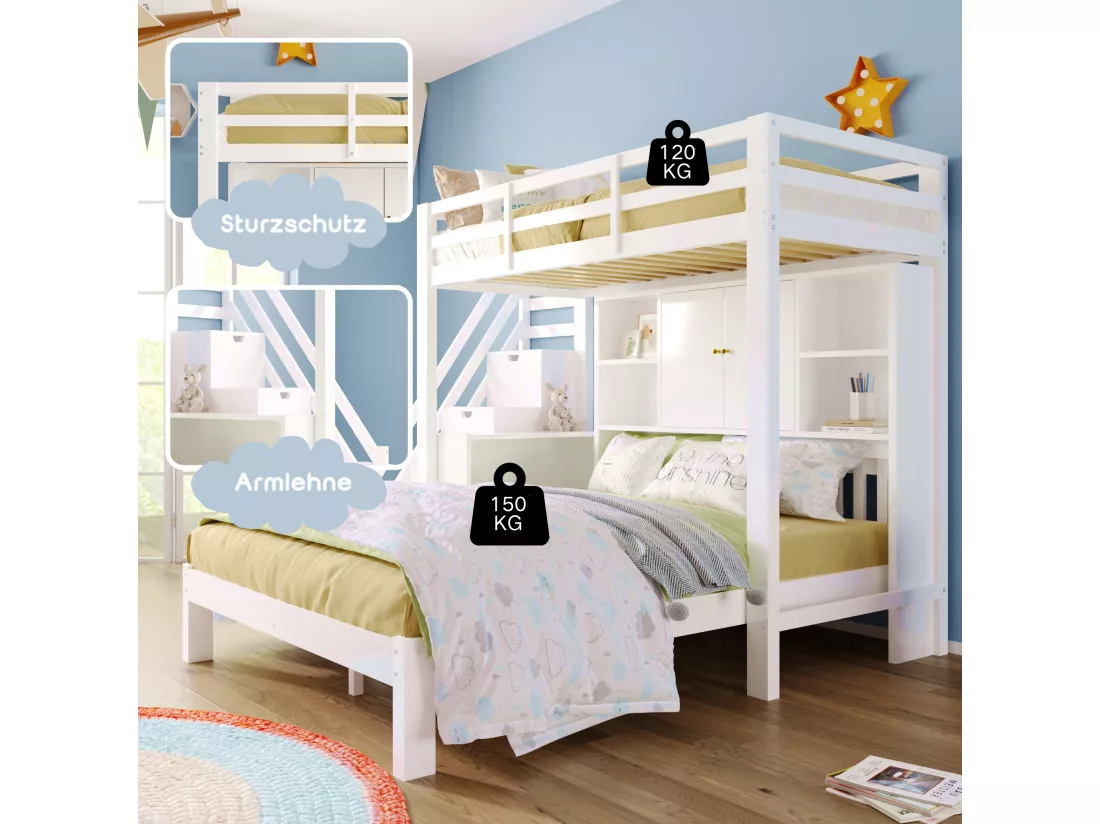 Lit superposé enfant 90x200 cm + 140x200 cm - avec escalier de rangement et bureau amovible - en Bois massif et MDF - Blanc