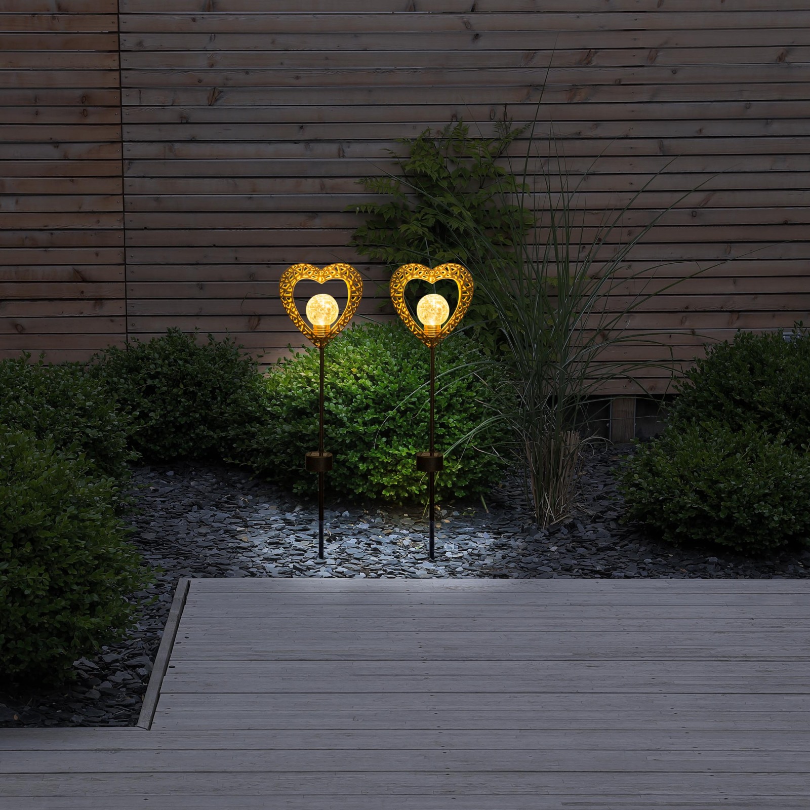 2er-Set LED-Solarleuchte HERZ - schwarz-gold - mit Erdspieß