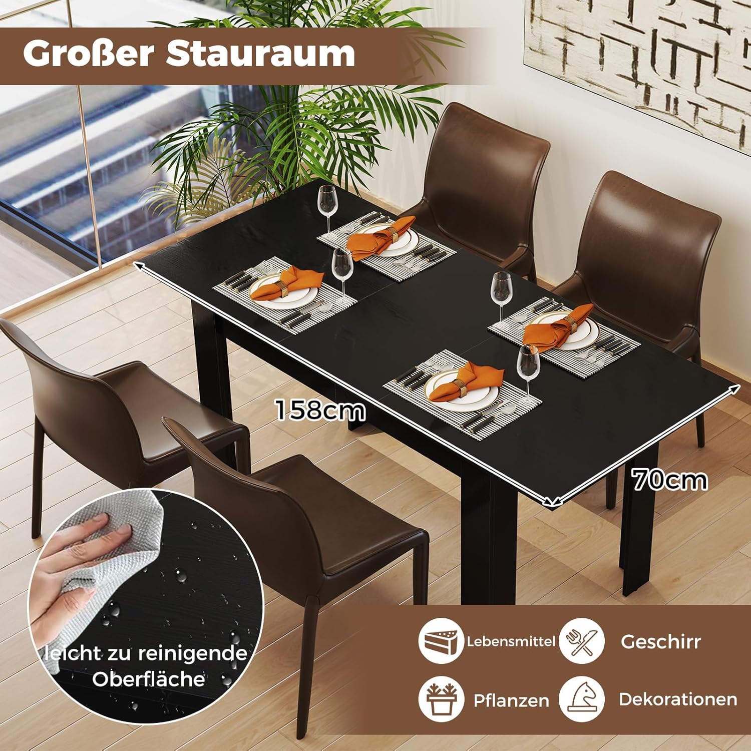 COSTWAY Esstisch ausziehbar, 120/158 x 70 cm, Küchentisch für 4-6 Personen, rechteckiger Esszimmertisch für Esszimmer, Küche, Schwarz