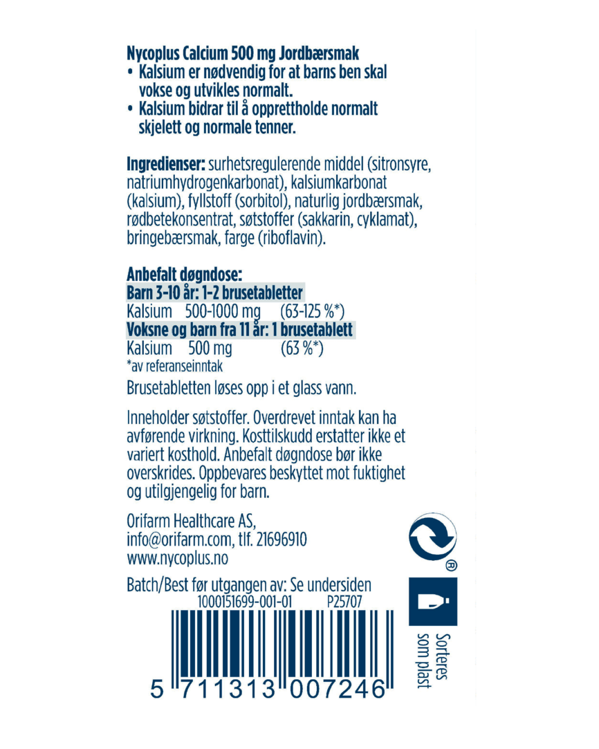 Nycoplus Calcium 500 mg brusetabletter jordbærsmak 20 stk