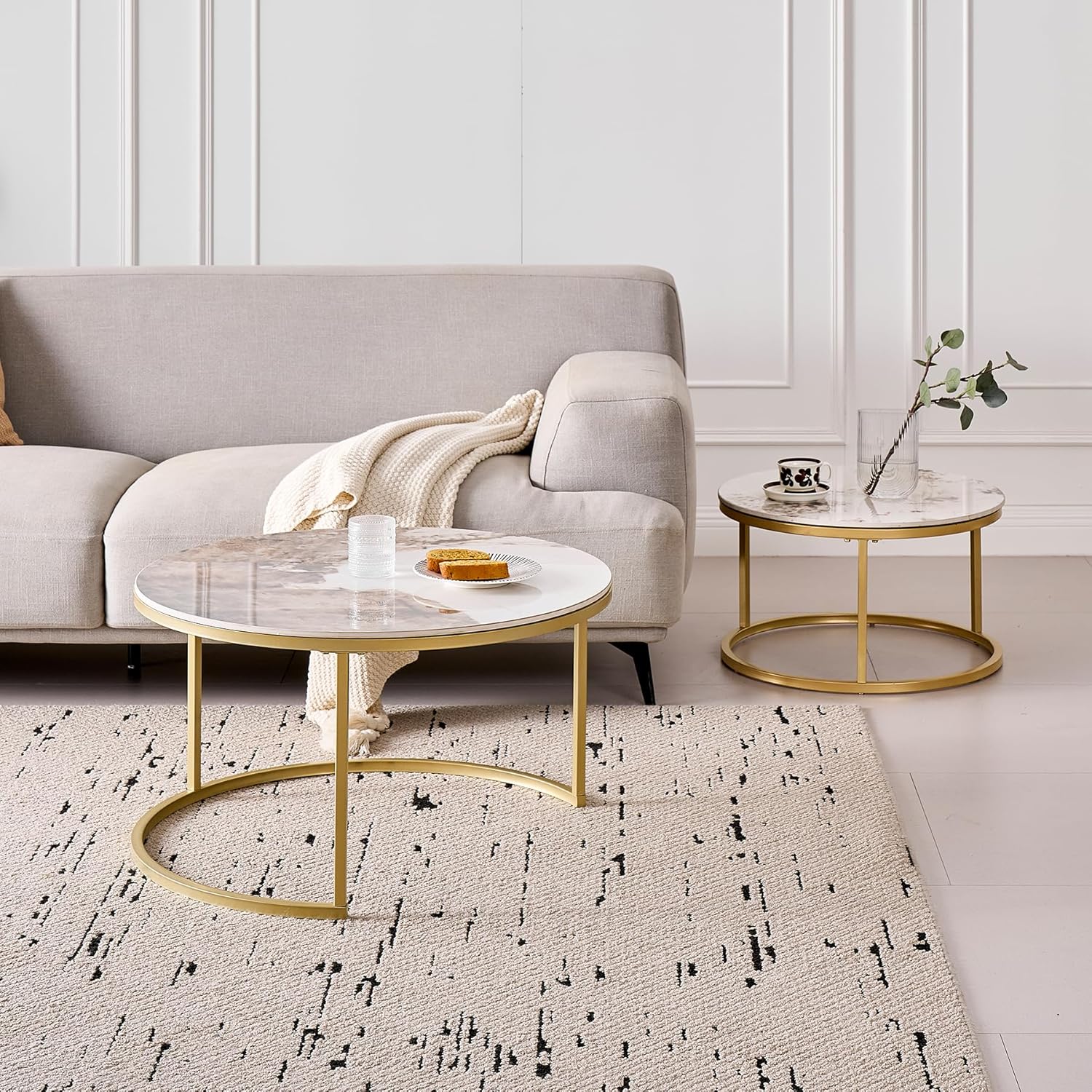 Runden Couchtisch 2er Set, Moderne Satztische mit Keramikplatte (Keine MDF-Platte), Ideal für Wohnzimmer, Schlafzimmer, Balkon und Büro (Pandora+Gold), 60+80cm