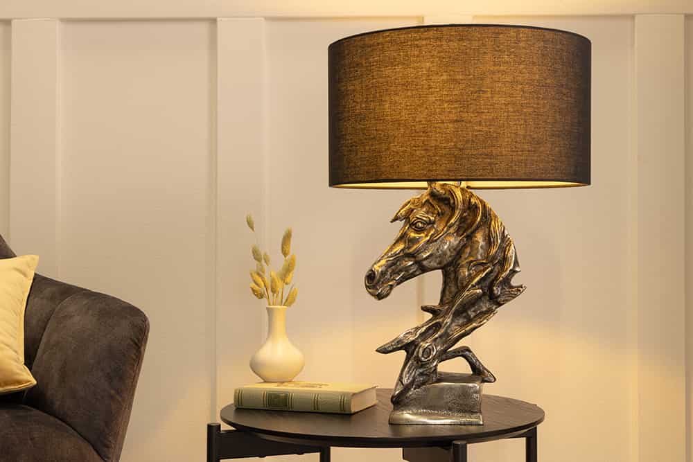 Handgearbeitete Tischlampe CABALLO 60cm silber schwarz Metall Baumwolle Pferde-Skulptur