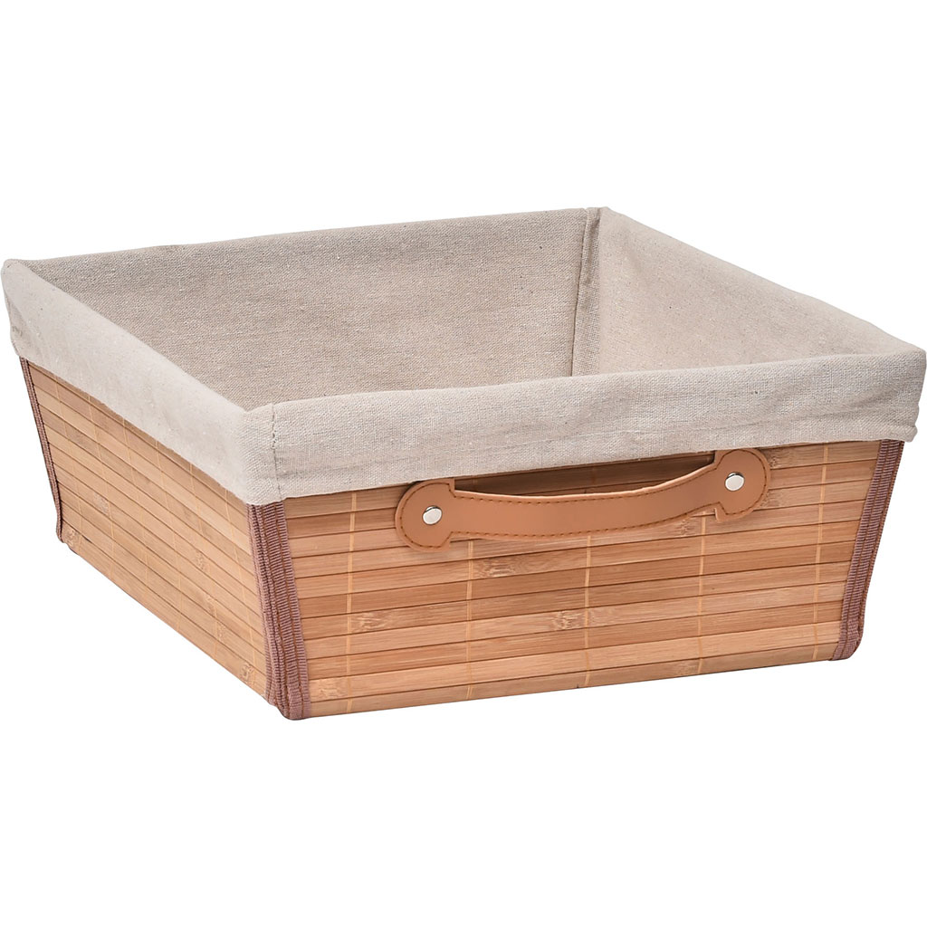 Corbeille bambou avec anse tissu lin 40x15x32.5cm