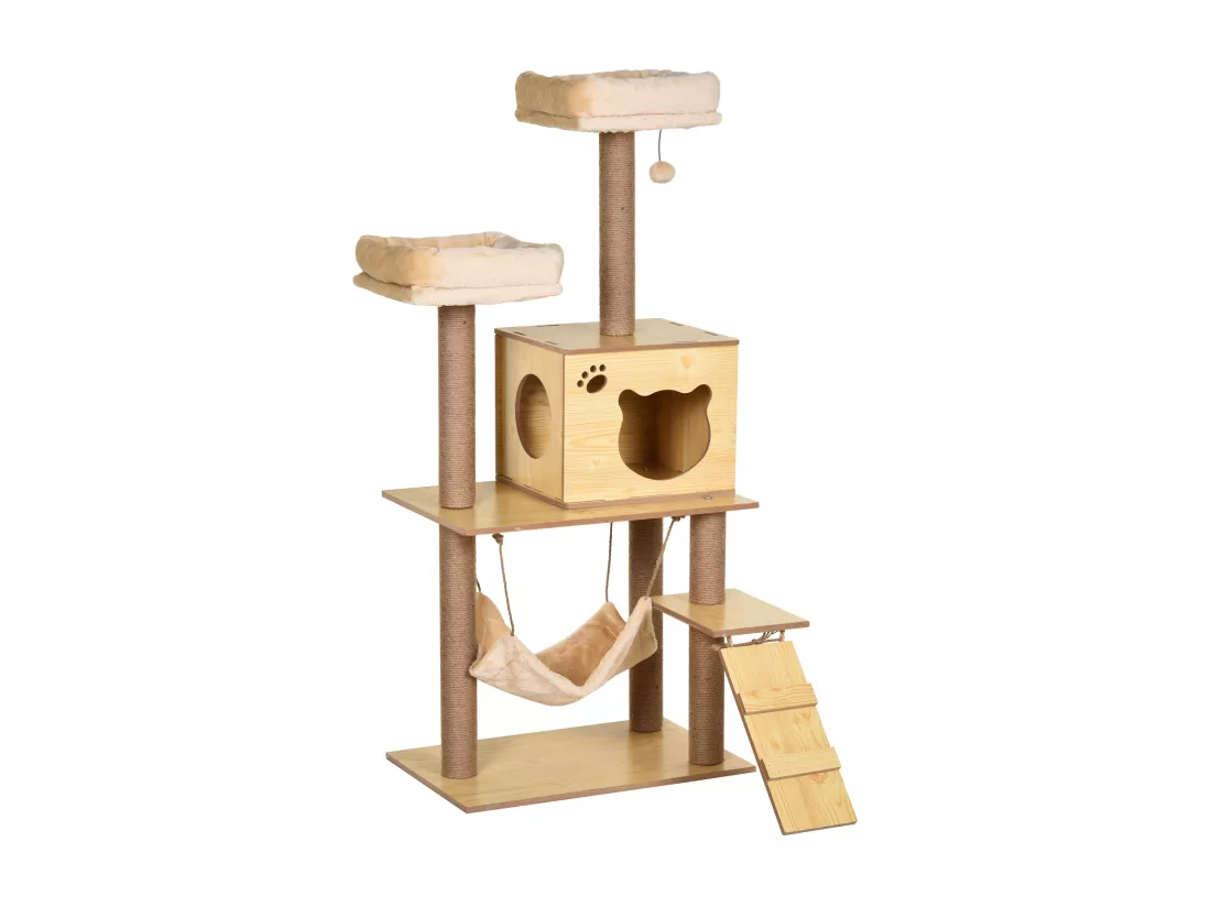Arbre à chats design contemporain griffoirs grattoirs sisal naturel niche plate-formes hamac boule panneaux particules beige