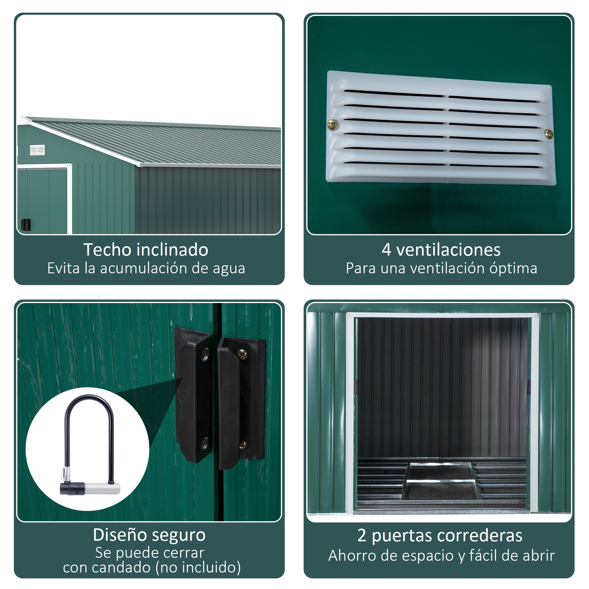 Casinha de jardim externa Outsunny, 12,4 m² (340 x 386 x 200 cm), com 2 portas de correr, base reforçada (piso NÃO incluído), para pátio ou terraço, cor verde.