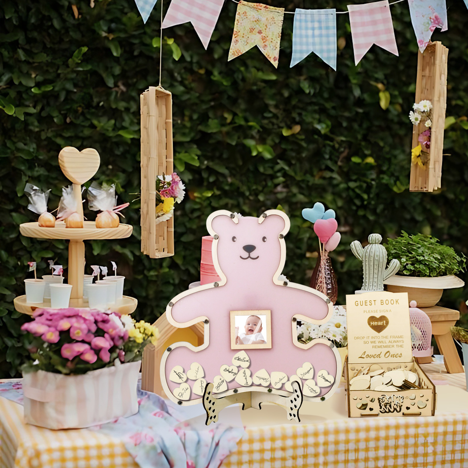 (37x35cm) Echtholz Teddy Bär Baby Shower Gästebuch Aufstellbares Party Gender Reveal Guest Book für 80 Gäste - Rosa