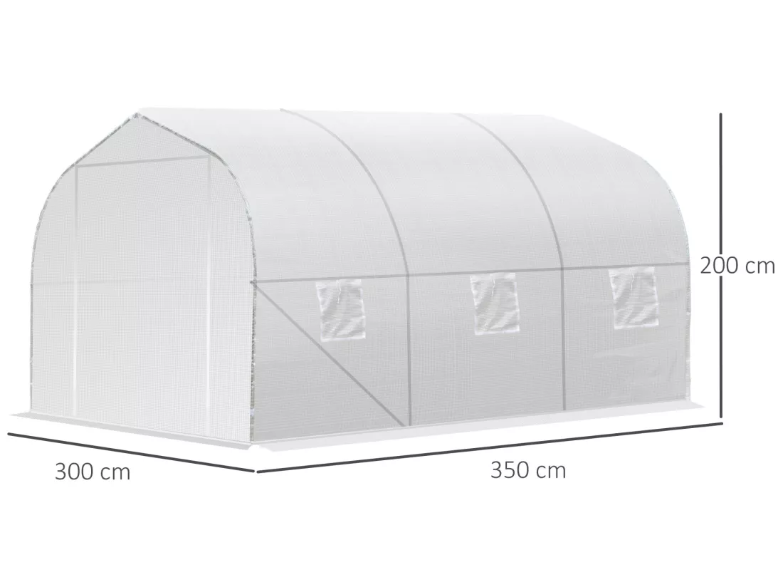 Serre tunnel de jardin dim. 3,5L x 3l x 2H m porte + 6 fenêtres enroulables acier galvanisé bâche PE haute densité blanc
