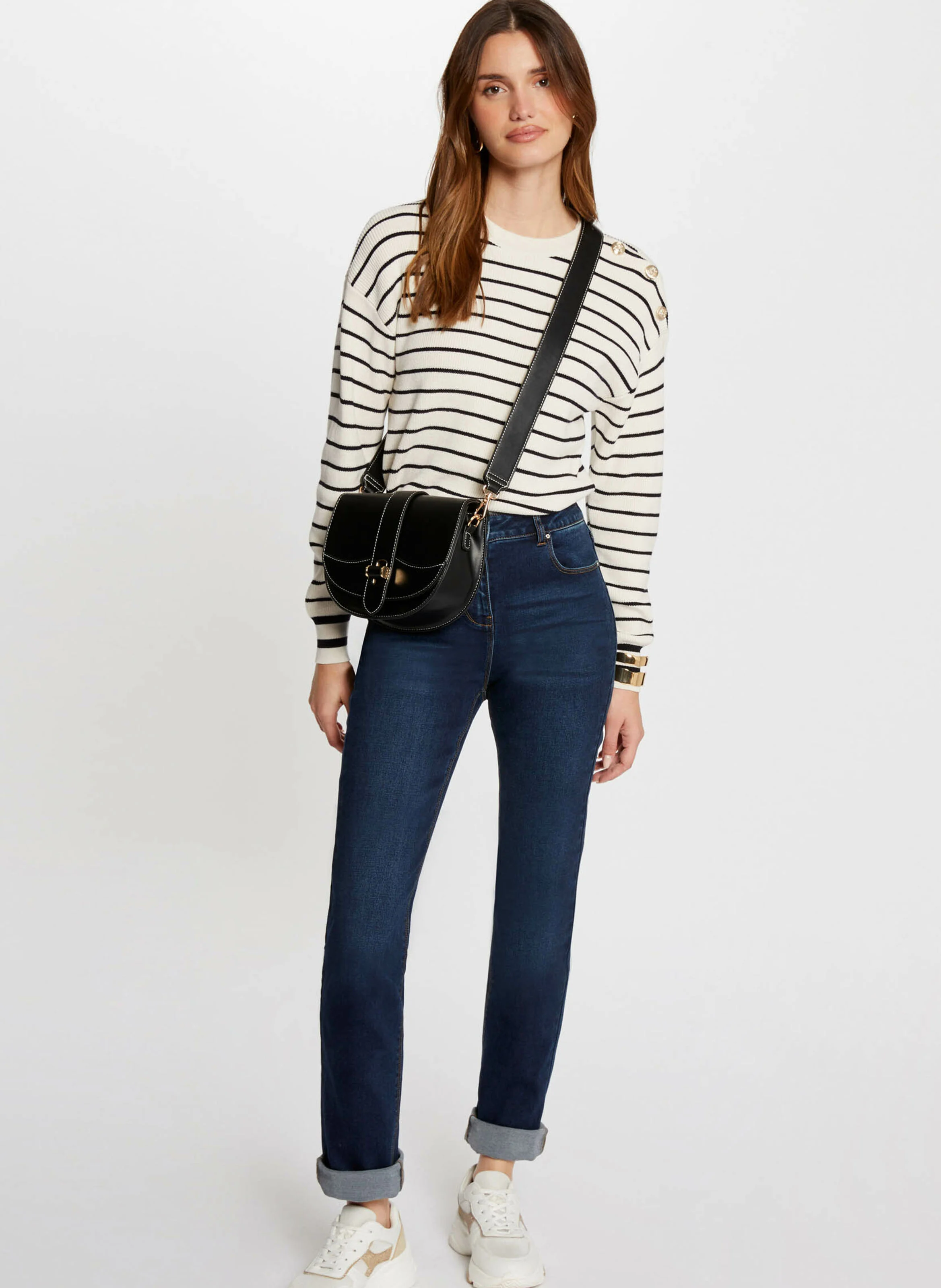 MARINO - Pull droit manches longues à rayures | Beige