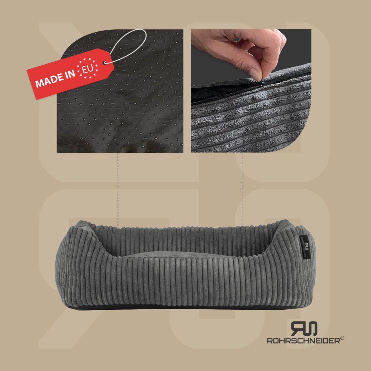 Rohrschneider ® Hundebett waschbar für kleine Hunde mit Hundekissen Cord (ca. 55x42 cm) inkl. Gassibeutel