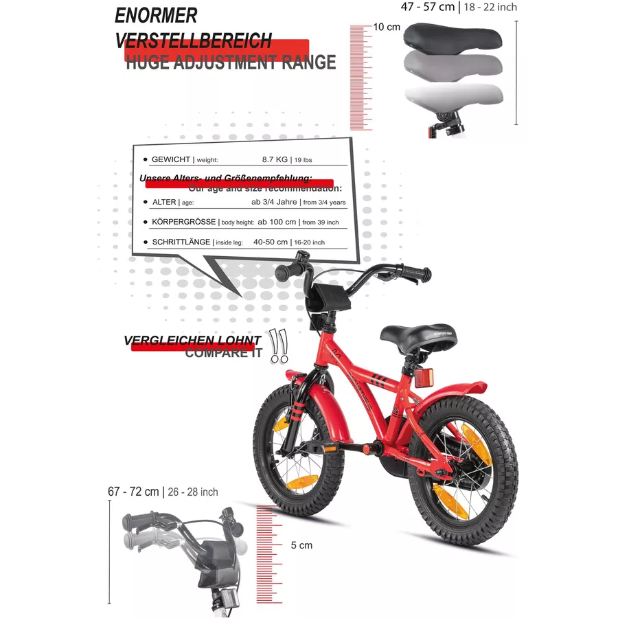 PROMETHEUS BICYCLES® HAWK Kinderfahrrad 14 , Rot-Schwarz mit Stützrädern