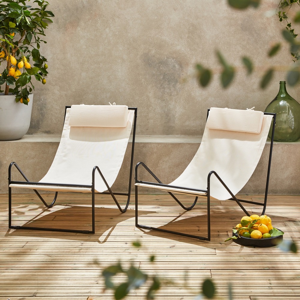 Lot de 2 fauteuil relax mencora structure en métal. Assise en toile avec repose-tête