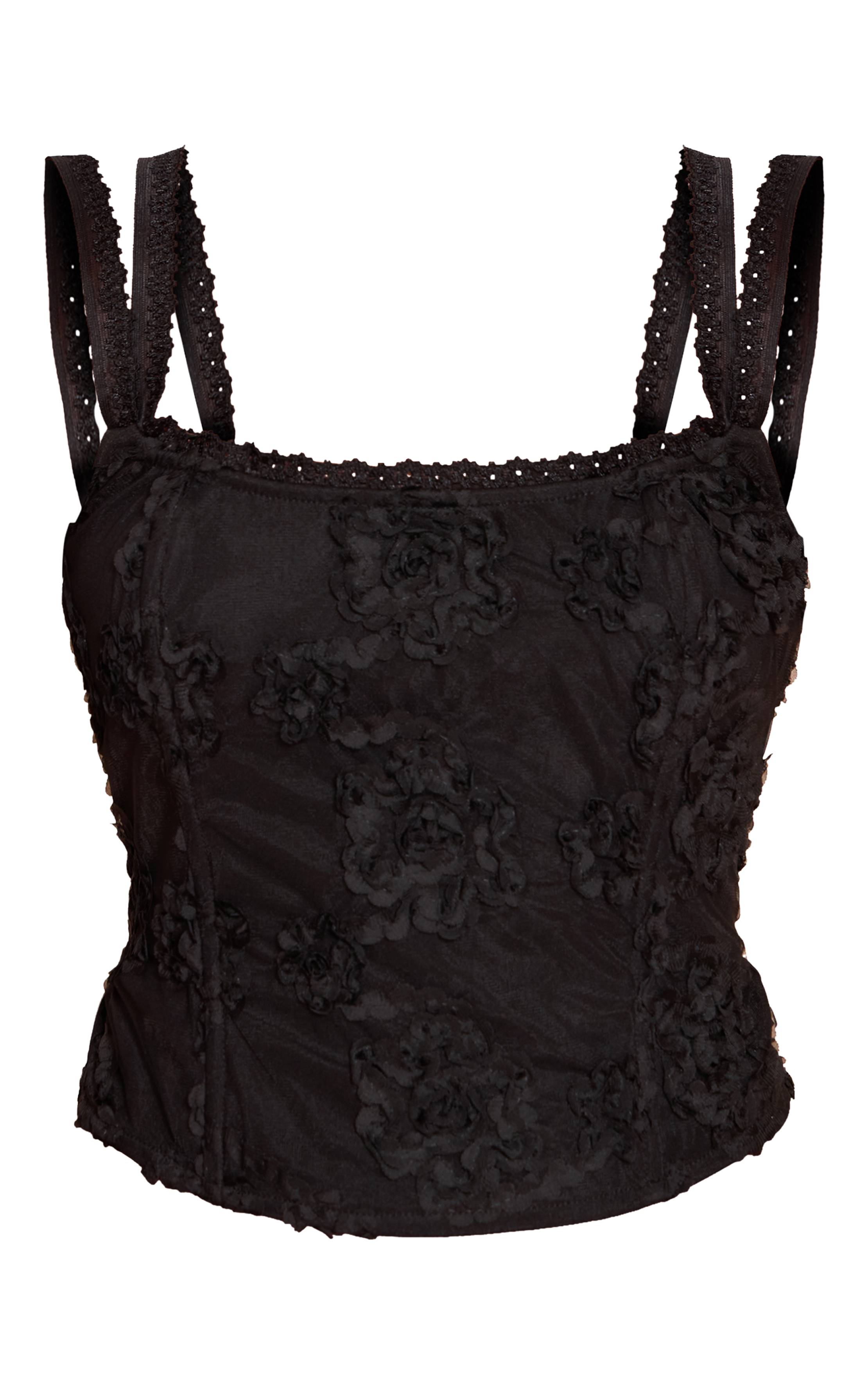 Noir Corset Baleiné À Texture Florale