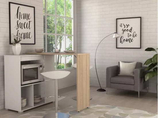 Meuble de bar pivotant avec rangements - Naturel et blanc - SATURNE