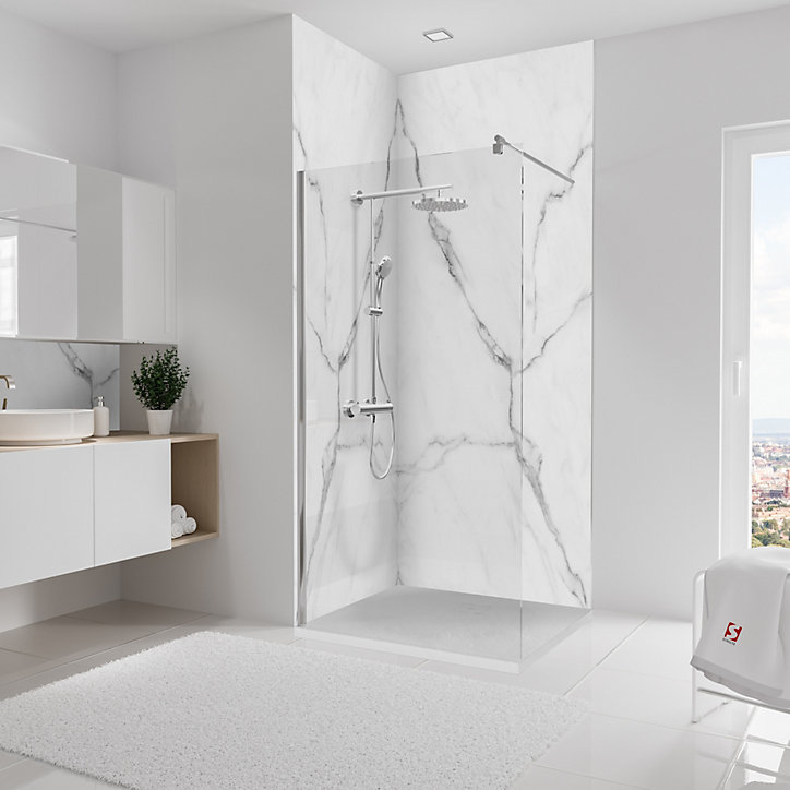 Lot de 2 panneaux muraux de salle de bains l.100x255 cm, décor marbre de Carrare Softtouch, Schulte DécoDesign