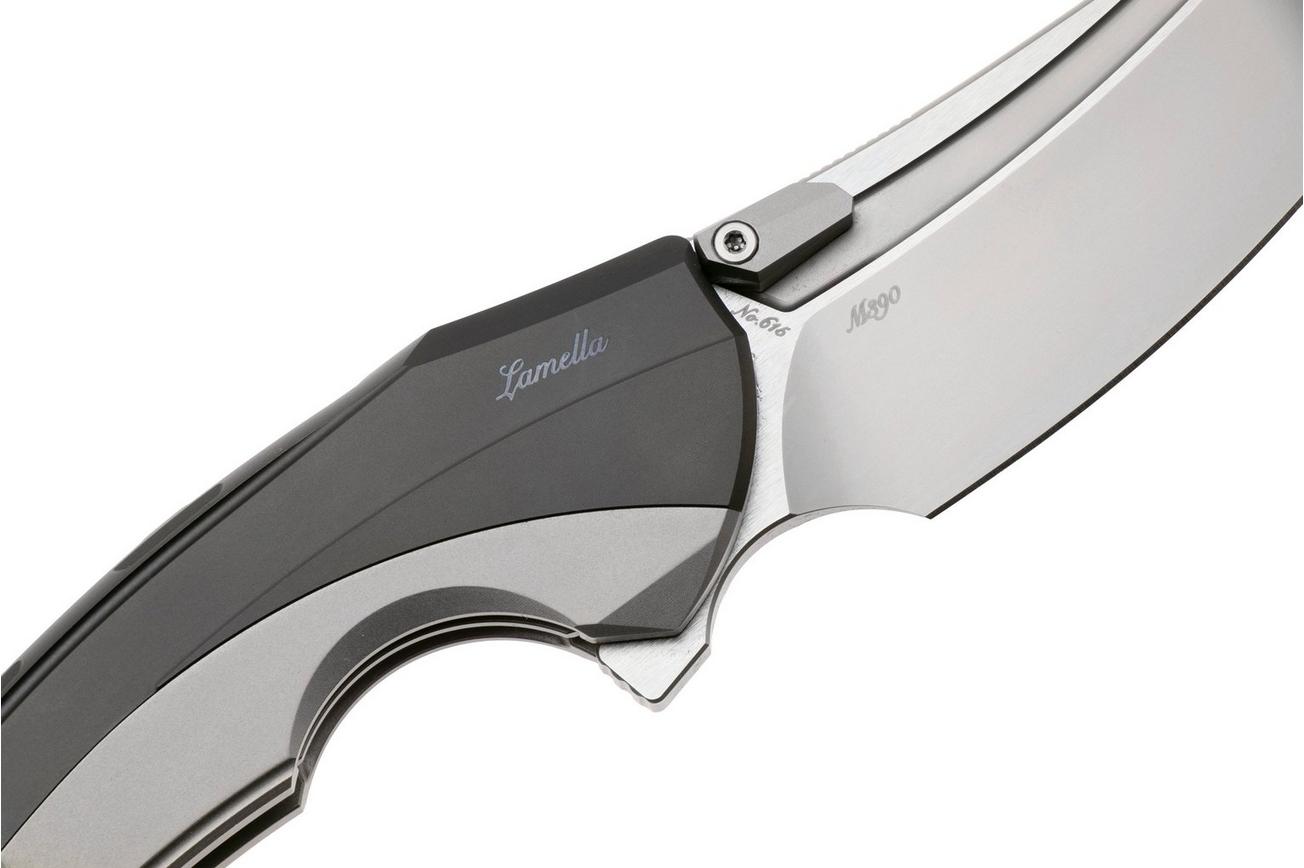 Rike Knife Lamella Bead Blasted Böhler M390, Black DLC Titanium Handle, zakmes