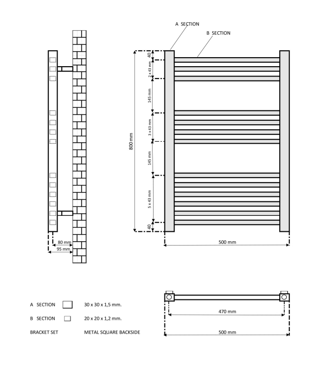 Eastbrook Tuscan Square multirail handdoekradiator 50x80cm 425W antraciet