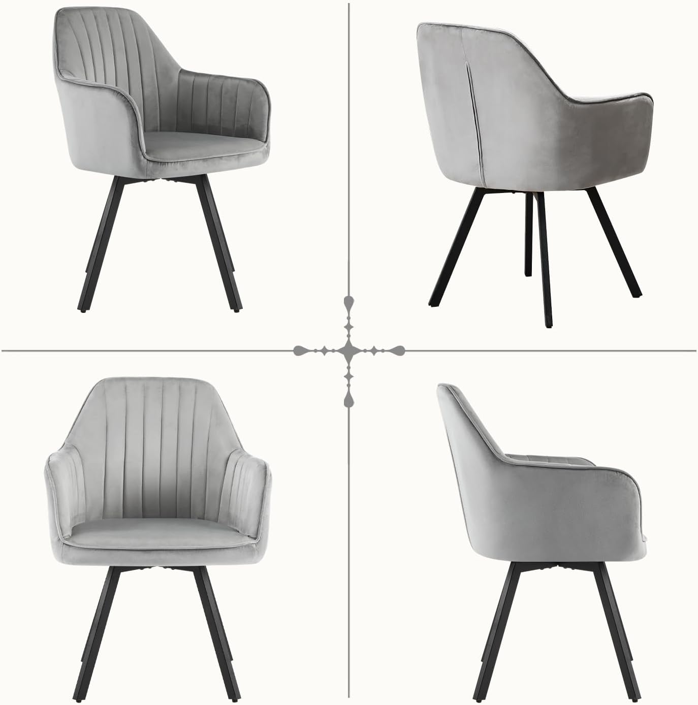 Esszimmerstühle Drehbar mit Armlehne 2er Set, 360°Drehbar Polsterstuhl Küchenstuhl aus Samt, Stühle Esszimmer Schminkstuhl mit Metallbeine und Rückenlehne für Esszimmer Schlafzimmer, Hellgrau