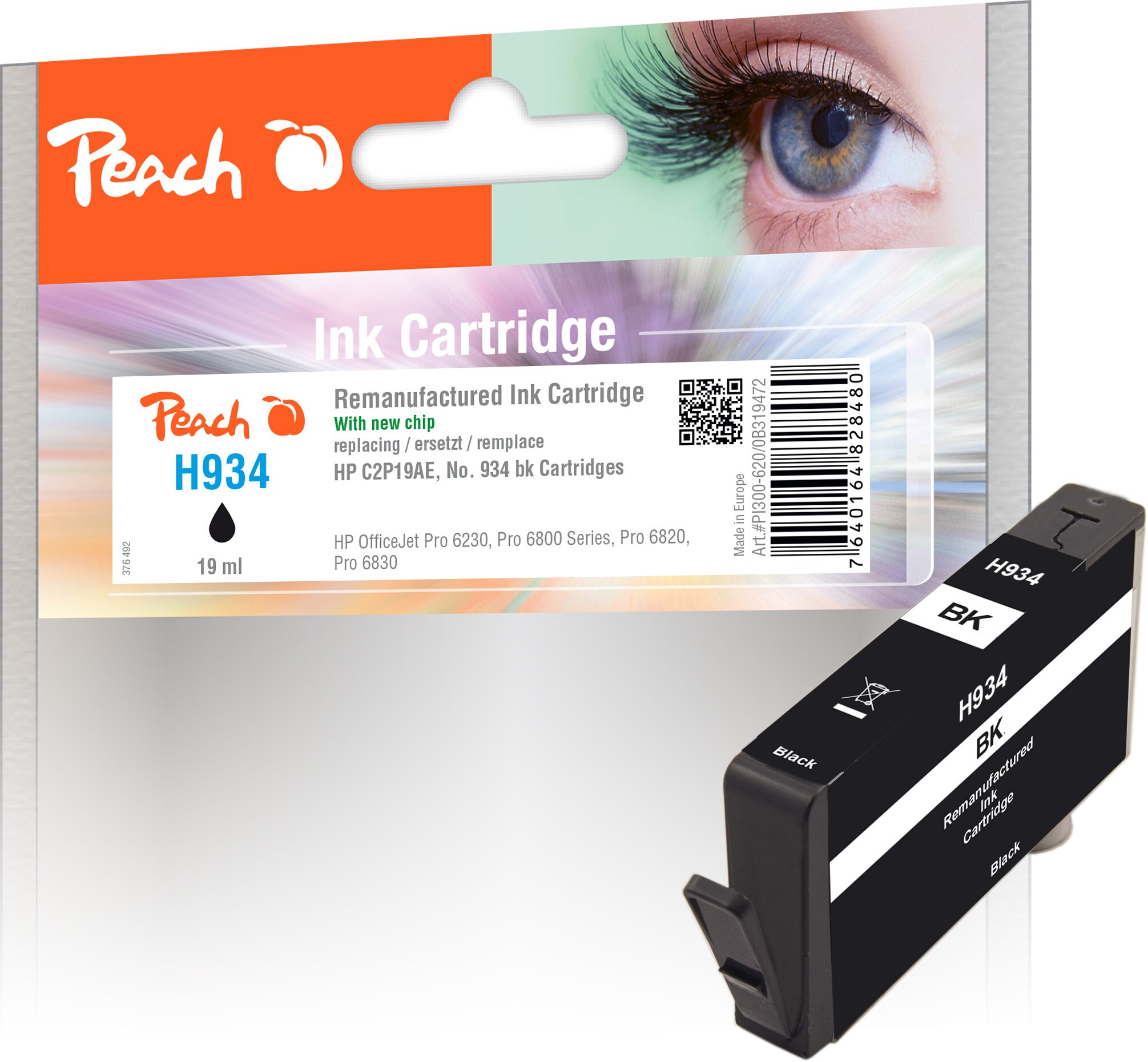 Peach HP 934 bk Druckerpatrone bk ersetzt HP No. 934 bk, C2P19A für z.B. HP OfficeJet Pro 6230, HP OfficeJet Pro 6830, HP OfficeJet 6815 (wiederaufbereitet)
