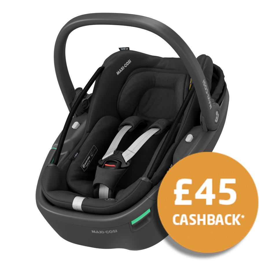 Coral 360 0 - 12 M  40 - 75 cm   0 - 12 kg    Intuitive FlexiSpin-Drehung mit nur einer Hand |    Der erste modulare Baby-Autositz |    Ultraleichtgewicht |    „Easy-in”-Gurt |