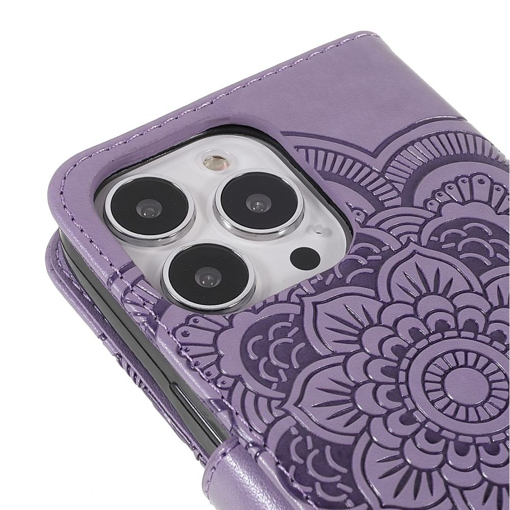 iPhone 13 Pro Leder Tasche Wallet - Mandala Flowers Imprint - Lila