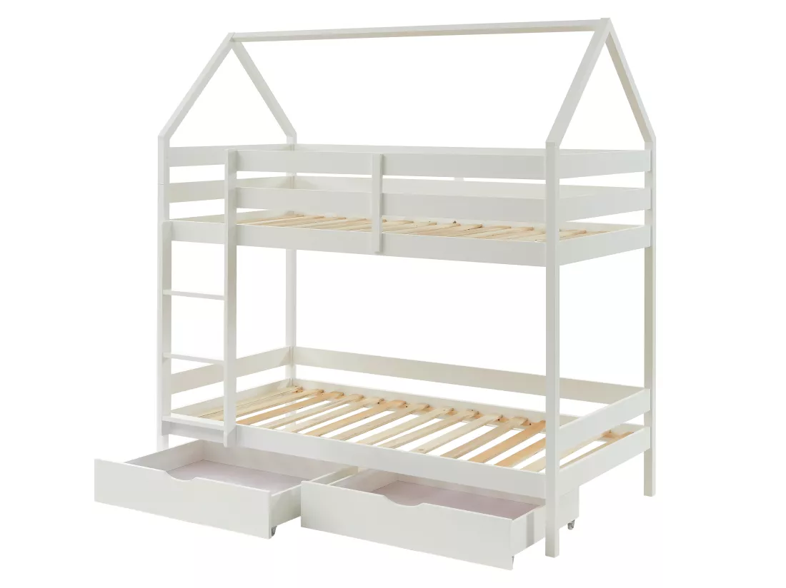 Lits superposés cabane 2 x 90 x 190 cm - 2 tiroirs - Pin - Blanc + Matelas - CHORI